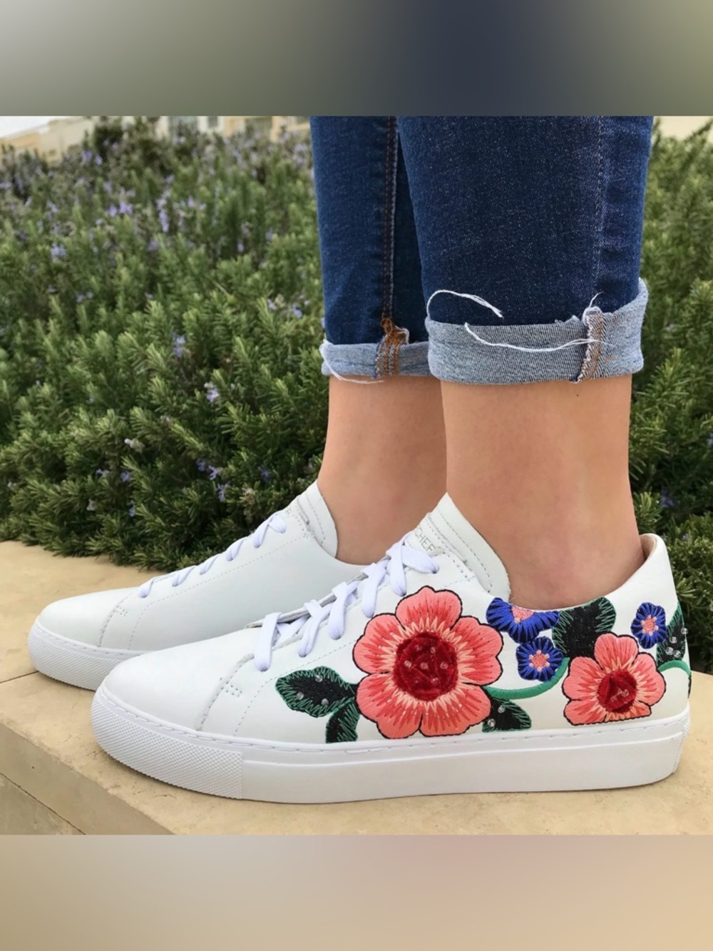 Skechers White Sneakers with Pink & Blue Floral Embroidery
